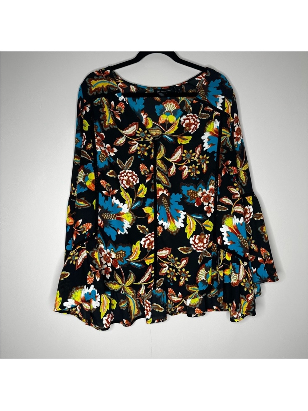 INC Black Floral Bell-Sleeve BOHO Top Size XL